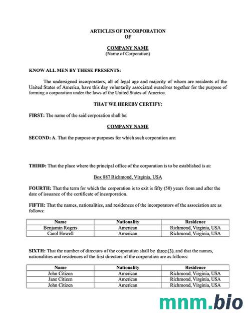 USA Virginia statut spółki Word i PDF szablon